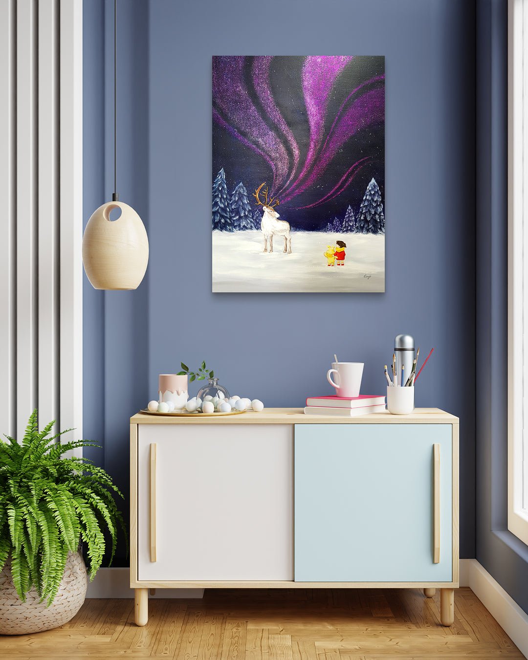 korean art, Aurora shining on a winter night 5 - DOKHBI ARTWORKS Mint Painting ARTWORKS dokkaebi dokebi k - art Aurora shining on a winter night 5 by Mint displayed in modern living room, original Korean painting 2023 DOKHBI