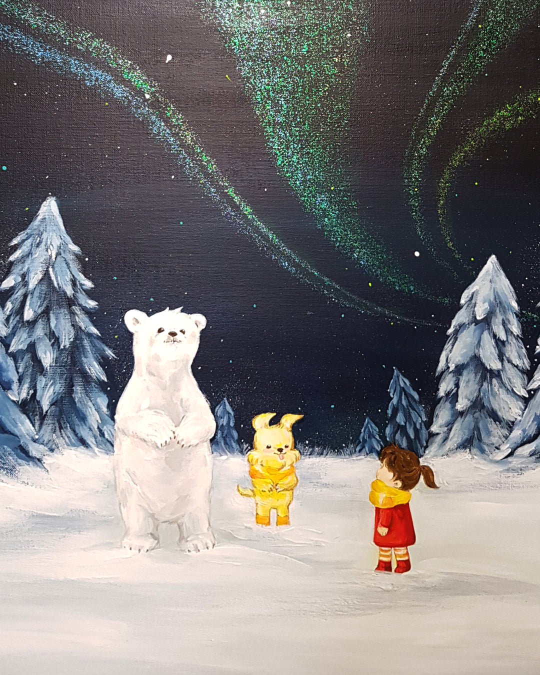 korean art, Aurora shining on a winter night 6 - DOKHBI ARTWORKS Mint Painting ARTWORKS dokkaebi dokebi k - art Aurora shining on a winter night 6 close - up detail, brushwork texture by Korean artist Mint DOKHBI