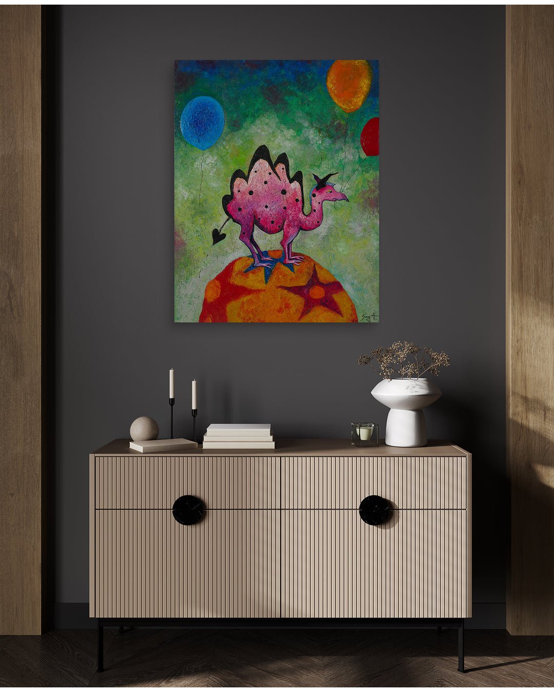 korean art, Balloon Moon Dragon Camel - DOKHBI ARTWORKS Painting Yun Song - A ARTWORKS dokkaebi dokebi k - art Korean contemporary painting Balloon Moon Dragon Camel by Yun Song - A, interior wall art decor DOKHBI