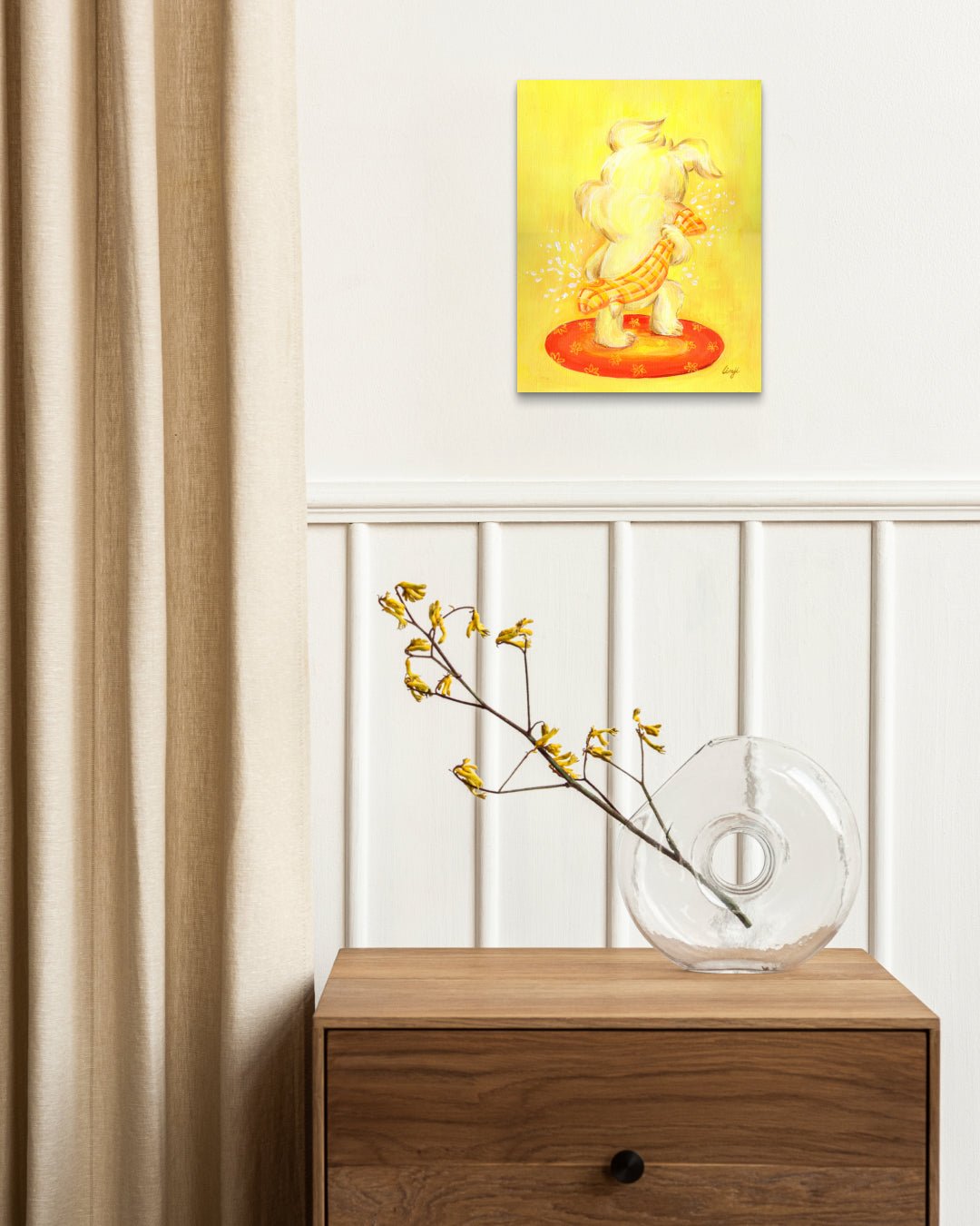 korean art, Bath time_Drying off with a towel - DOKHBI $1000 ARTWORKS Mint ARTWORKS dokkaebi dokebi k - art Bath time_Drying off with a towel by Mint displayed in modern living room, original Korean painting 2023 DOKHBI