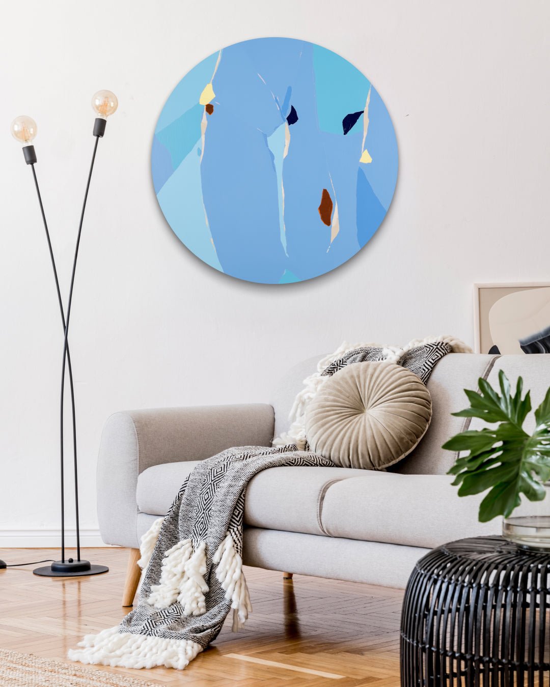 Blossom no.16 by Lee Eun Bi displayed in modern living room, original Korean circular painting 2024