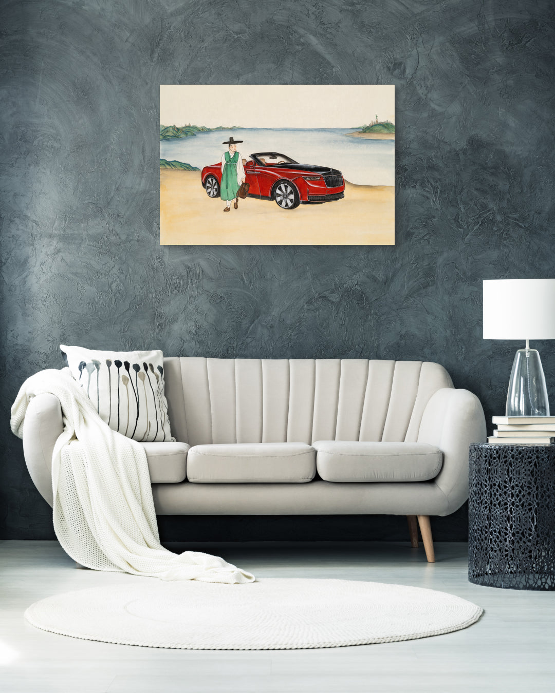 The Beginning of a Journey by Ham Bo Kyung displayed in modern living room, original Korean silk painting 2024