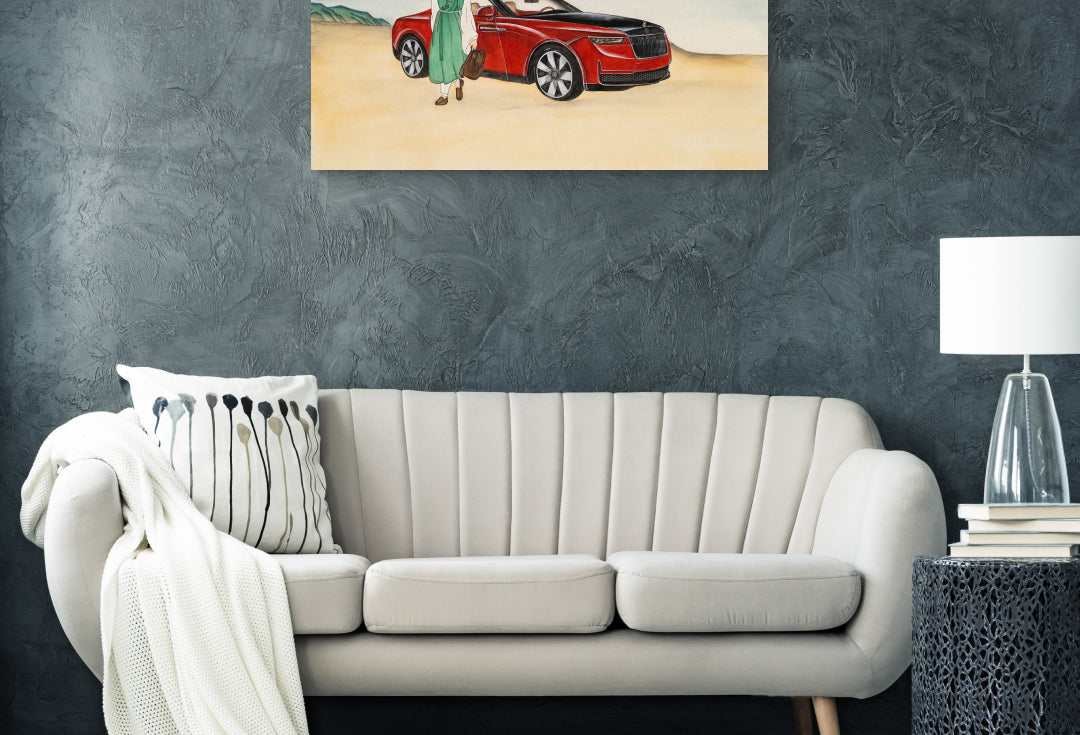The Beginning of a Journey by Ham Bo Kyung displayed in modern living room, original Korean silk painting 2024