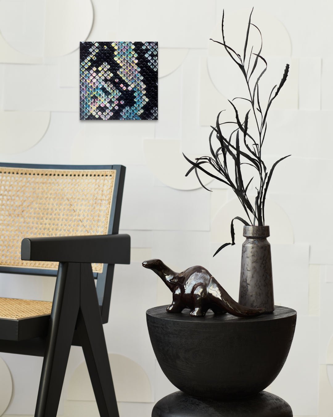 Korean contemporary Bunchae painting Blue Snake 1 by Hwui yeon Lee, interior wall art decor