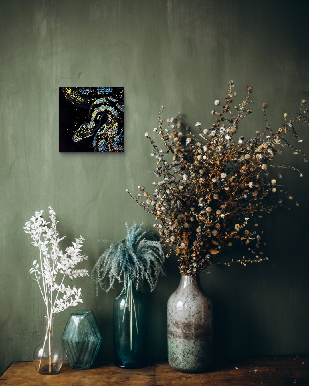 Korean contemporary Bunchae painting Blue Snake 4 by Hwui yeon Lee, interior wall art decor