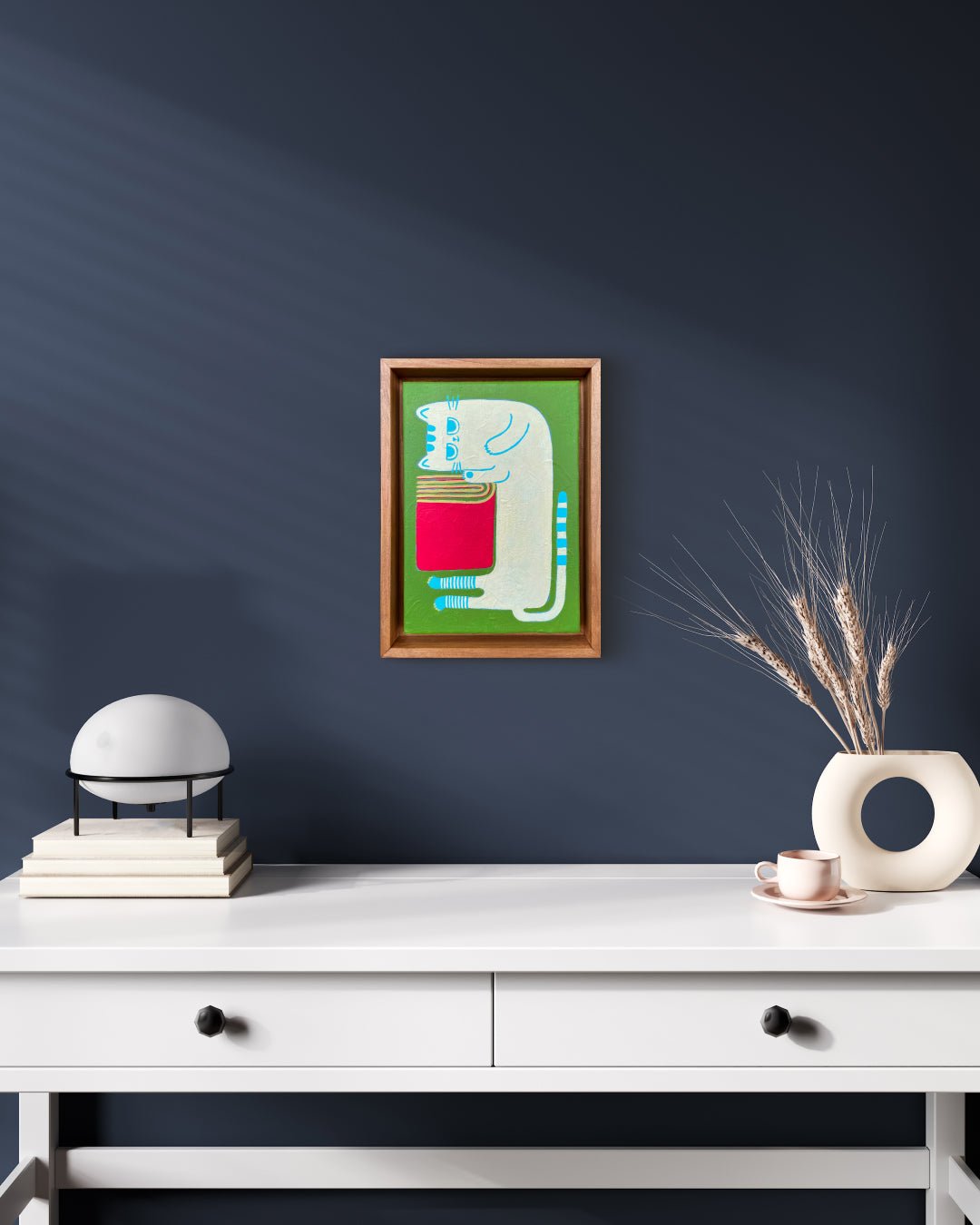 Book and Cat No.1 by Soo-Hyun Cho displayed in modern living room, original Korean painting 2025