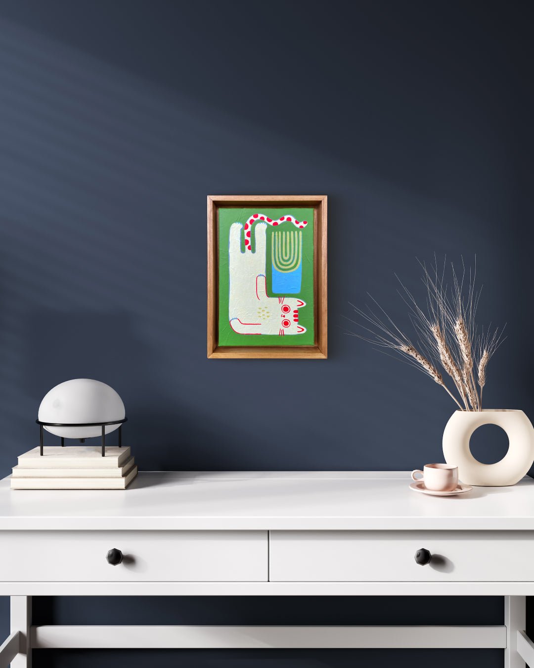 Book and Cat No.2 by Soo-Hyun Cho displayed in modern living room, original Korean painting 2025