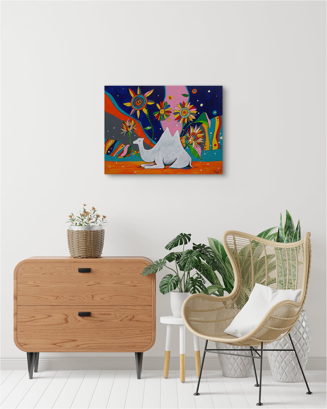 korean art, Camel in Sunflower Garden - DOKHBI ARTWORKS Painting Yun Song - A ARTWORKS dokkaebi dokebi k - art Camel in Sunflower Garden by Yun Song - A displayed in modern living room, original Korean painting 2024 DOKHBI