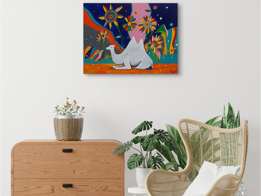 korean art, Camel in Sunflower Garden - DOKHBI ARTWORKS Painting Yun Song - A ARTWORKS dokkaebi dokebi k - art Camel in Sunflower Garden by Yun Song - A displayed in modern living room, original Korean painting 2024 DOKHBI