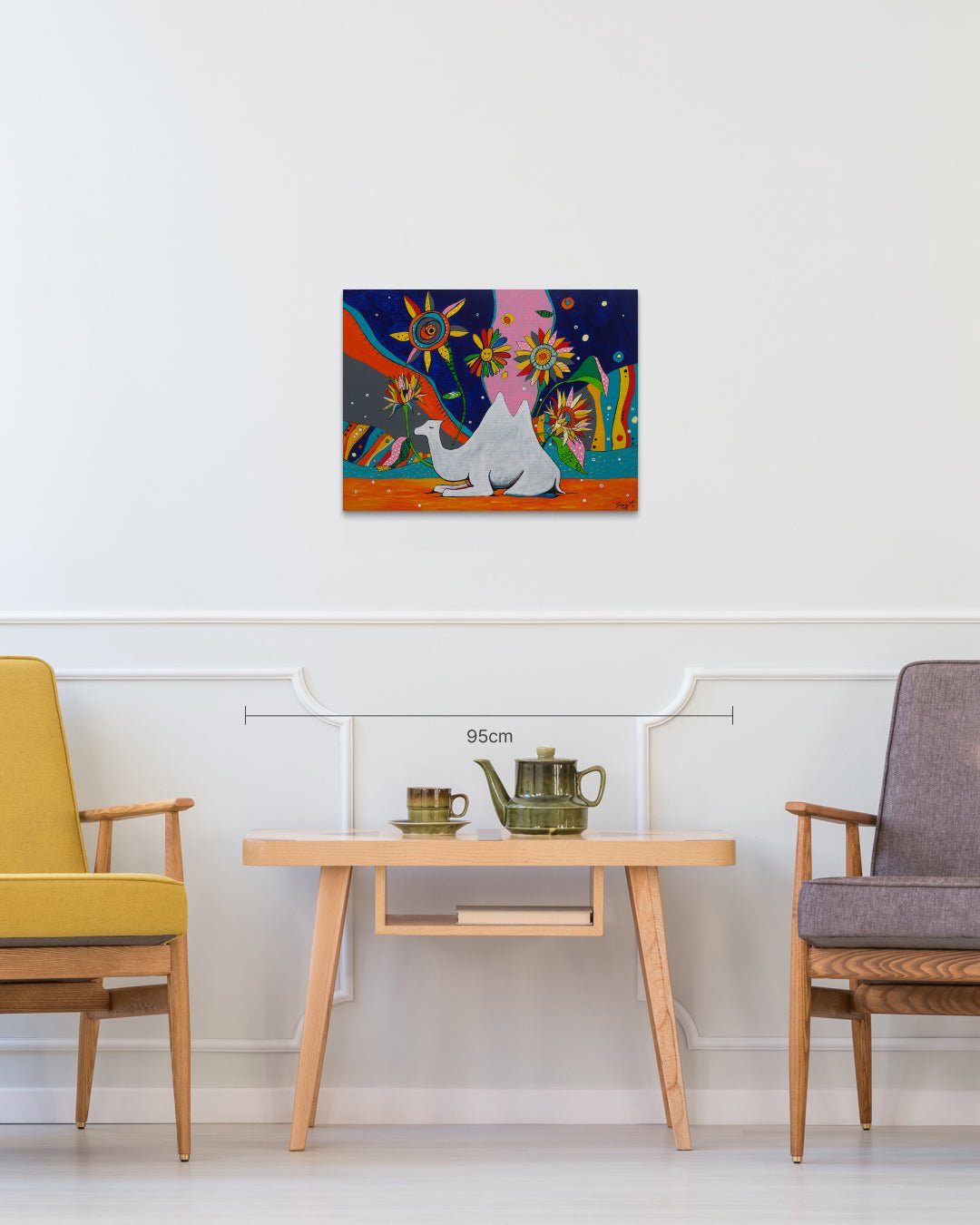 korean art, Camel in Sunflower Garden - DOKHBI ARTWORKS Painting Yun Song - A ARTWORKS dokkaebi dokebi k - art Camel in Sunflower Garden size reference 45.5x60.6cm - original Korean painting by Yun Song - A DOKHBI