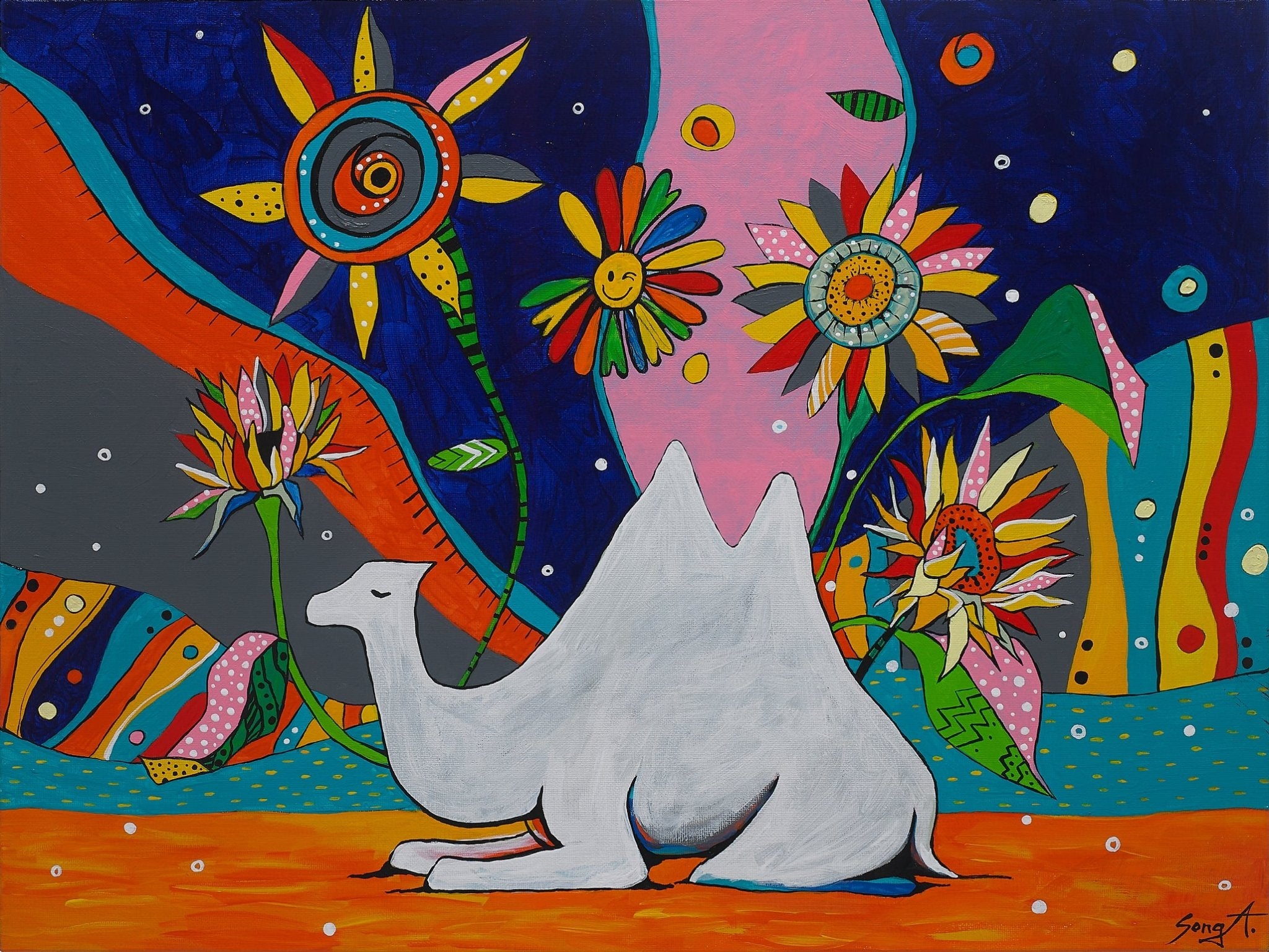 korean art, Camel in Sunflower Garden - DOKHBI ARTWORKS Painting Yun Song-A