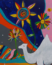 korean art, Camel in Sunflower Garden - DOKHBI ARTWORKS Painting Yun Song - A ARTWORKS dokkaebi dokebi k - art Camel in Sunflower Garden close - up detail, brushwork texture by Korean artist Yun Song - A DOKHBI