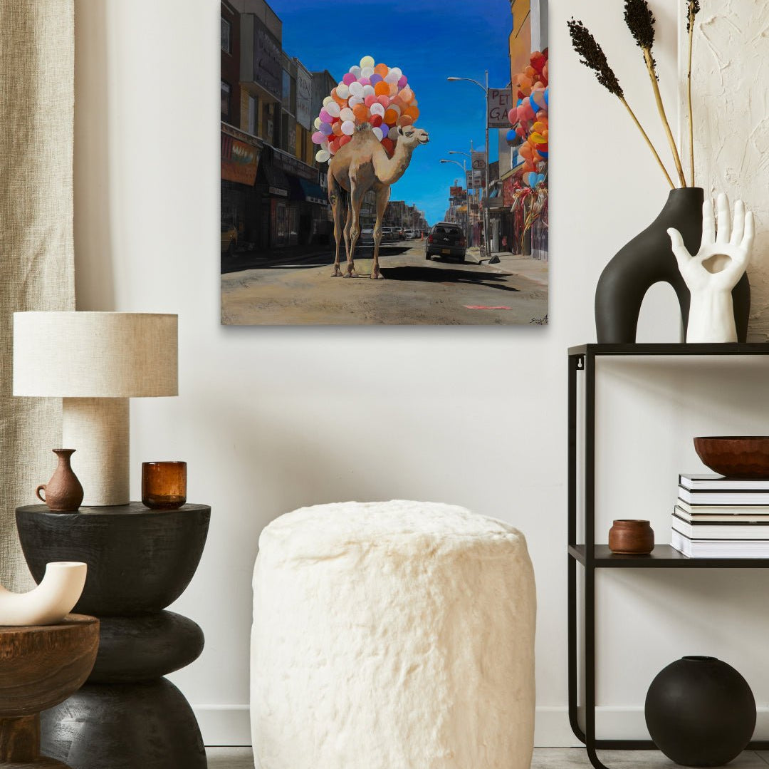 korean art, Camel in Town - DOKHBI ARTWORKS Painting Yun Song - A ARTWORKS dokkaebi dokebi k - art Camel in Town by Yun Song - A displayed in modern living room, original Korean painting 2024 DOKHBI