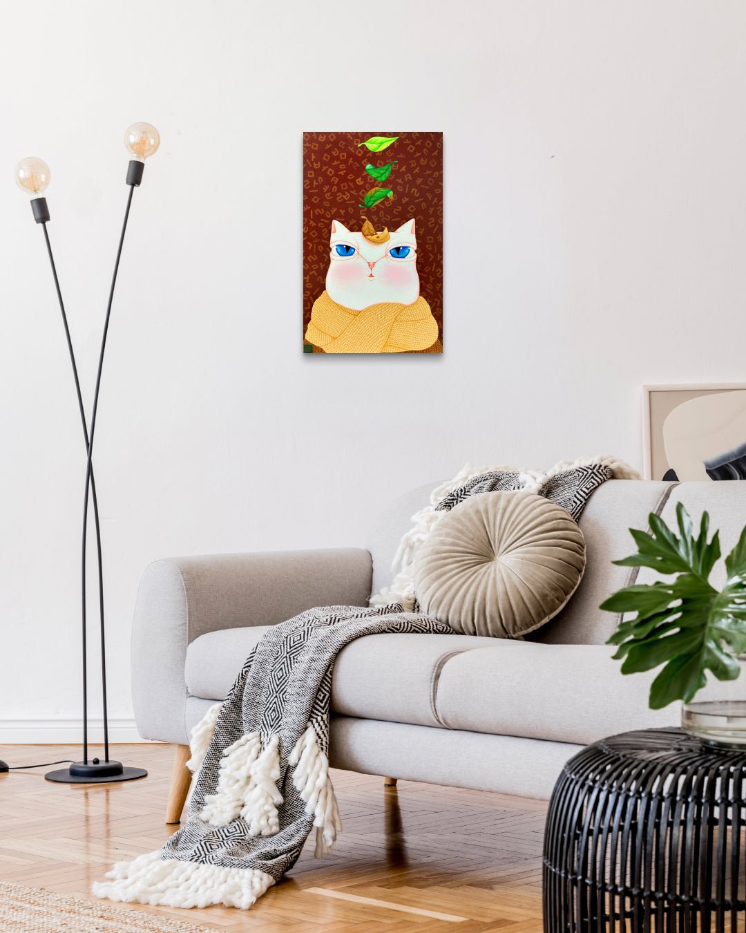 Dansang Cat_Flowing Time by Han Hae-suk displayed in modern living room, original Korean painting 2025