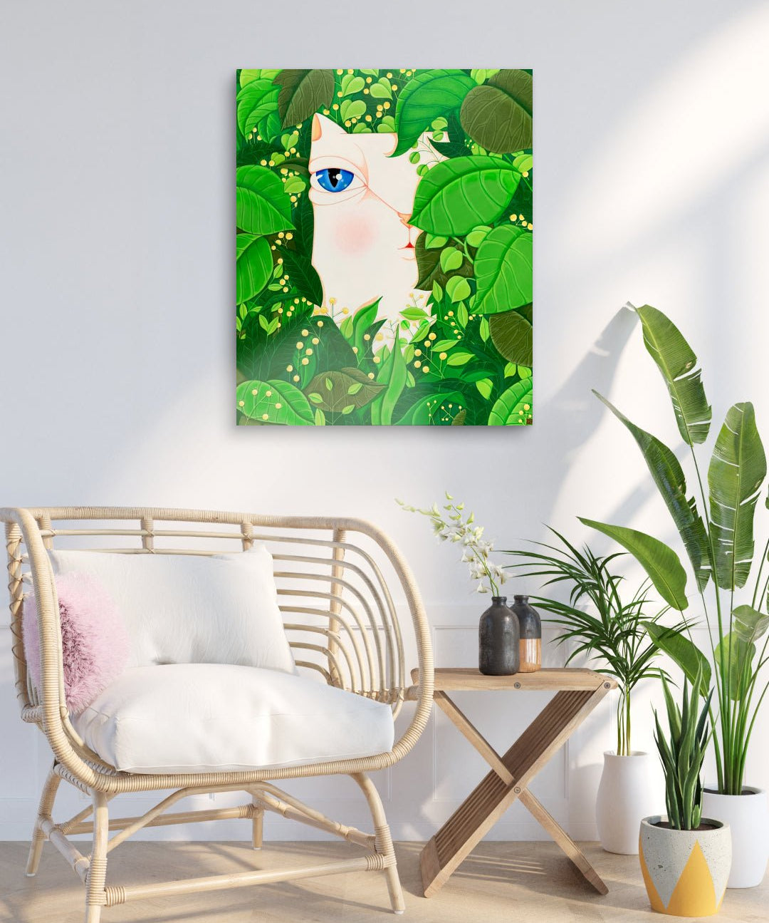 Dansang Cat_Forest, breath, rest by Han Hae-suk displayed in modern living room, original Korean painting 2023
