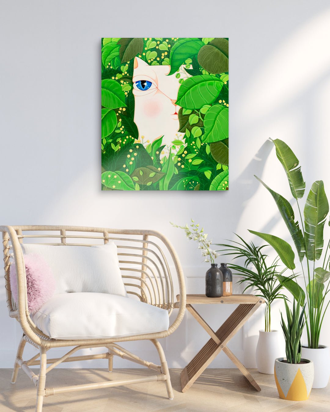 Dansang Cat_Forest, breath, rest by Han Hae-suk displayed in modern living room, original Korean painting 2023