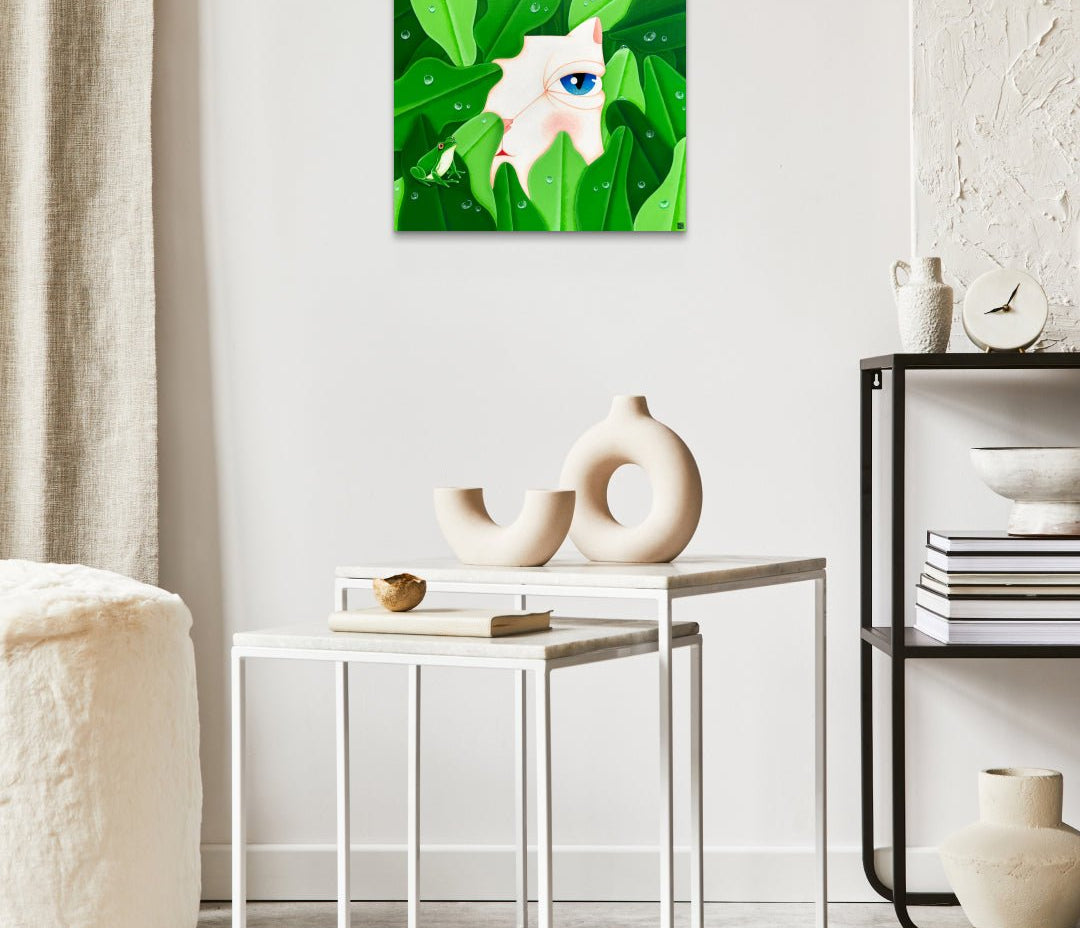 Dansang Cat_Morning Dew by Han Hae-suk displayed in modern living room, original Korean painting 2024