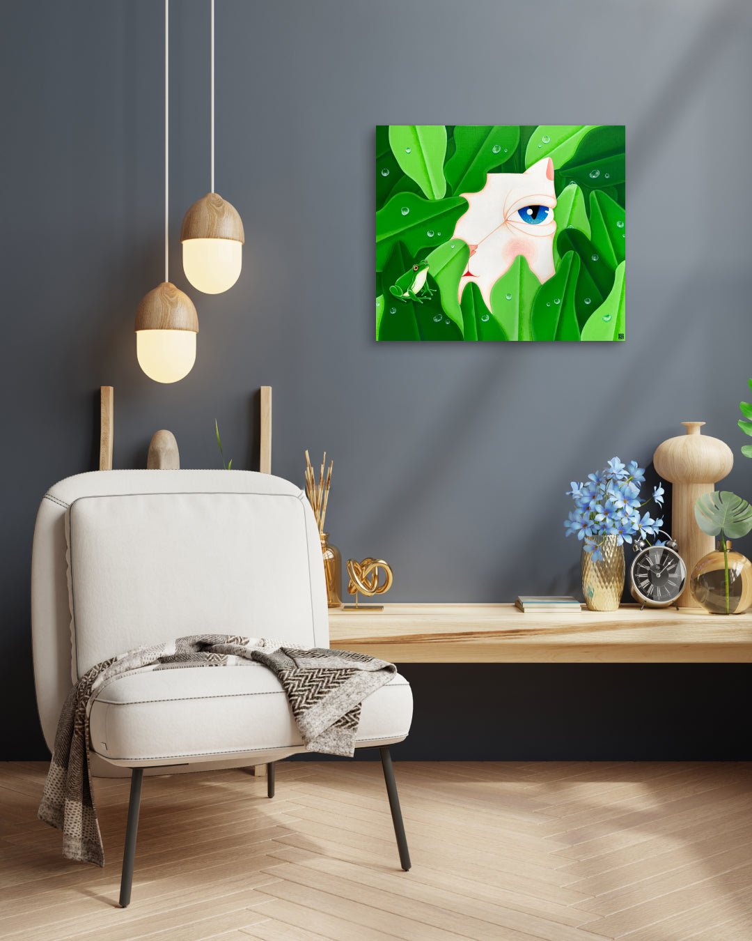 Korean contemporary painting Dansang Cat_Morning Dew by Han Hae-suk, interior wall art decor