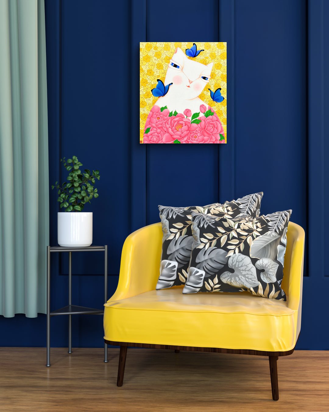 Korean contemporary painting Dansang Cat_Spring Thoughts by Han Hae-suk, interior wall art decor