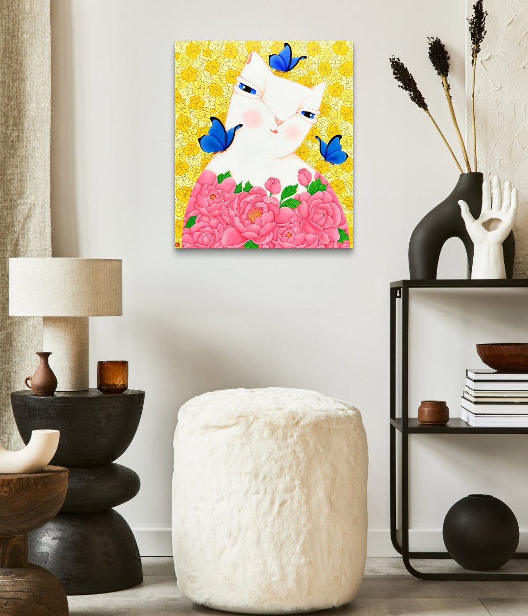 Dansang Cat_Spring Thoughts by Han Hae-suk displayed in modern living room, original Korean painting 2024