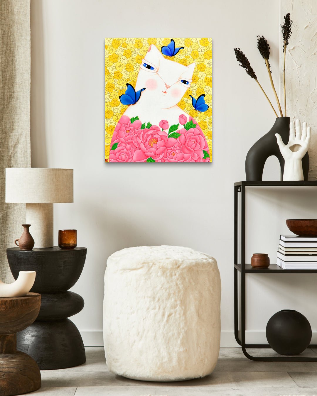 Dansang Cat_Spring Thoughts by Han Hae-suk displayed in modern living room, original Korean painting 2024