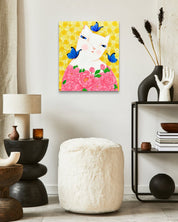 Dansang Cat_Spring Thoughts by Han Hae-suk displayed in modern living room, original Korean painting 2024
