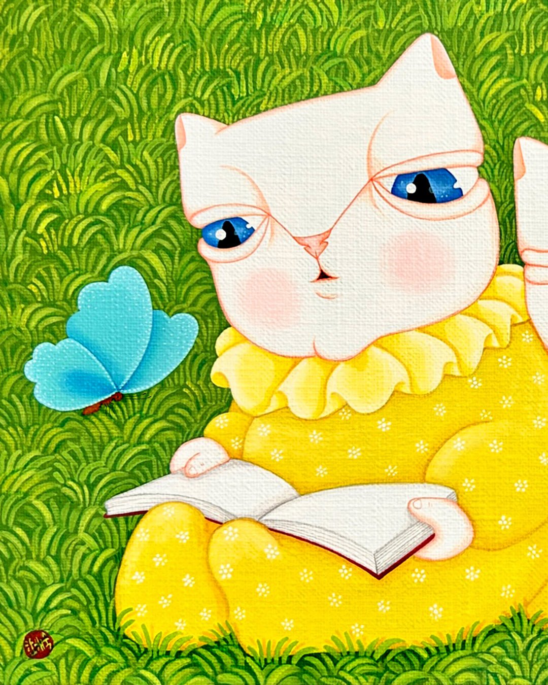 Dansang Cat_Together close-up detail, brushwork texture by Korean artist Han Hae-suk
