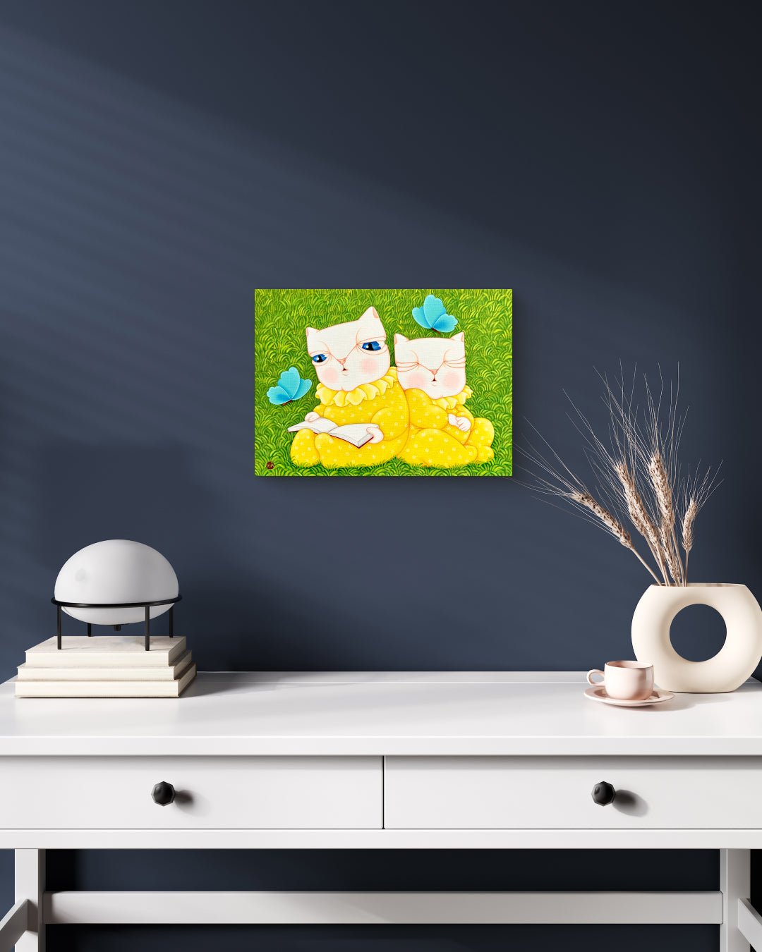 Dansang Cat_Together by Han Hae-suk displayed in modern living room, original Korean painting 2025