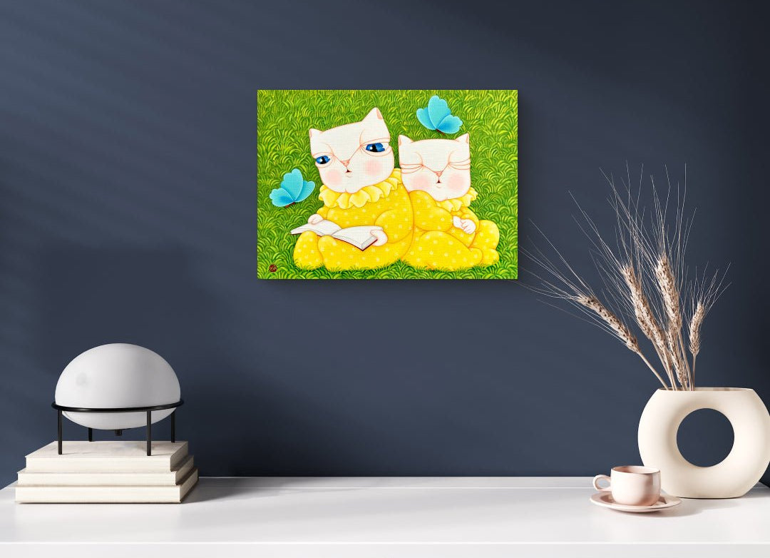 Dansang Cat_Together by Han Hae-suk displayed in modern living room, original Korean painting 2025
