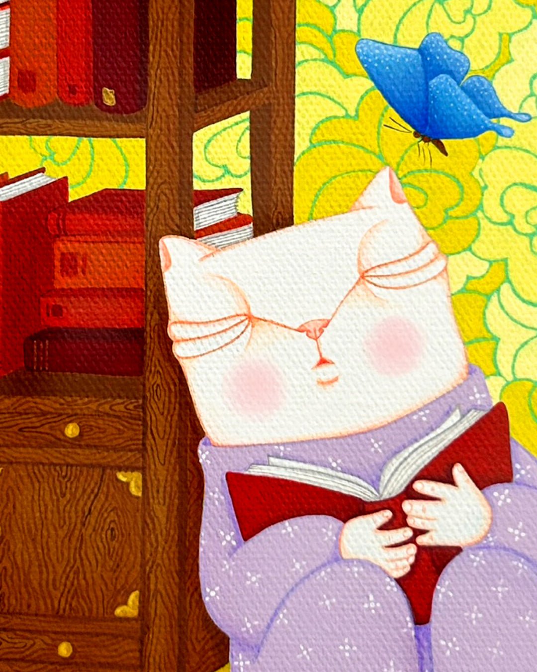Dansang Cat_Together close-up detail, brushwork texture by Korean artist Han Hae-suk