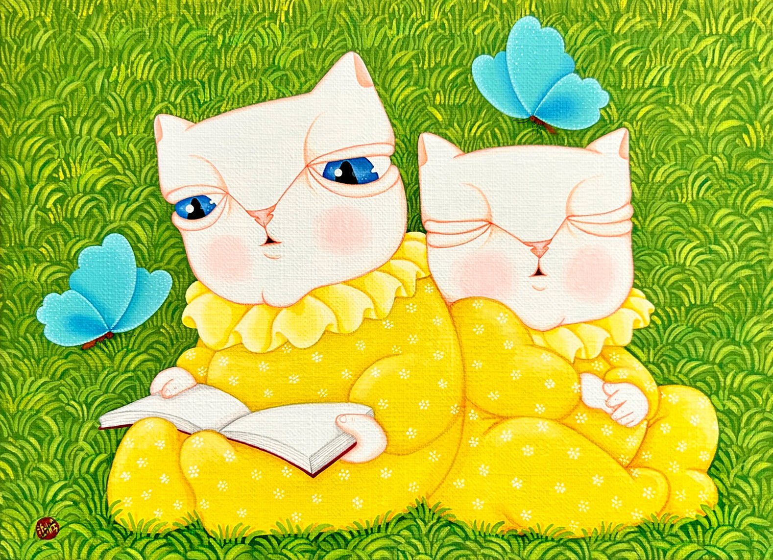 Dansang Cat_Together - Acrylic on Canvas 33.4x24.2cm by Han Hae-suk, Korean Contemporary Art 2025