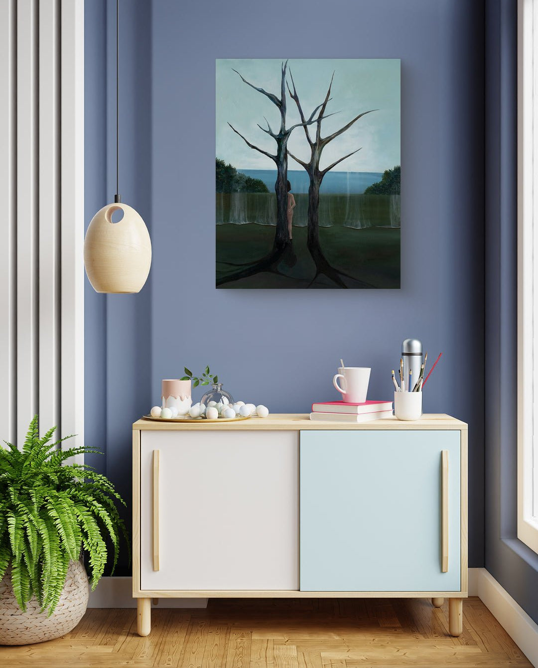 Delusional Gaze by Sijin Lee displayed in modern living room, original Korean painting 2025