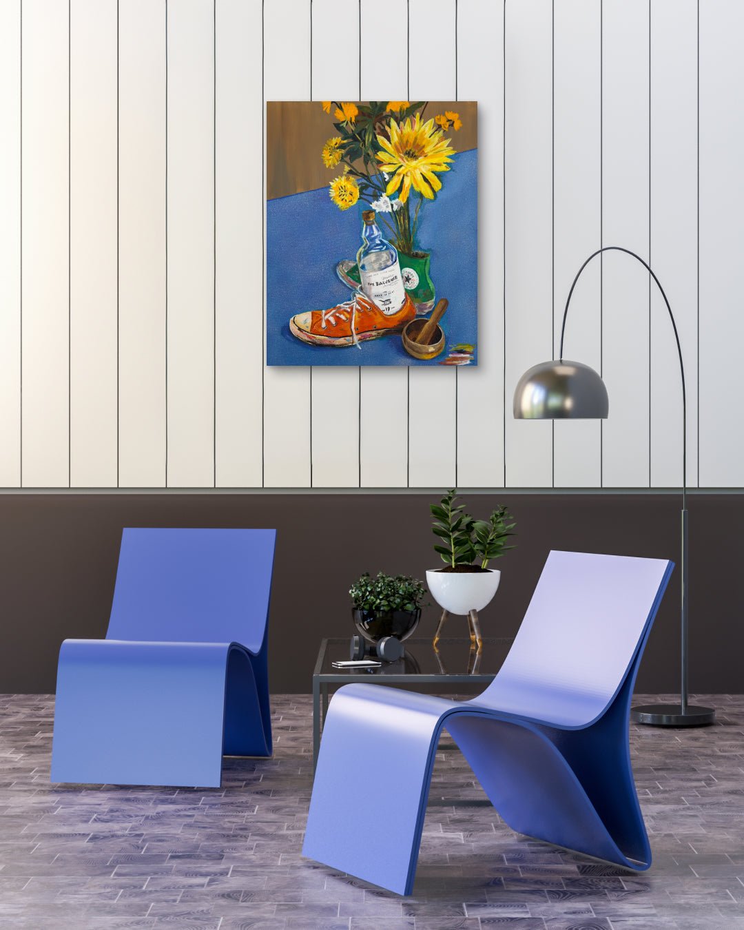 korean art, Flower and Whiskey - DOKHBI ARTWORKS Feeldog Painting ARTWORKS dokkaebi dokebi k - art Flower and Whiskey by Feeldog displayed in modern living room, original Korean painting 2025 DOKHBI