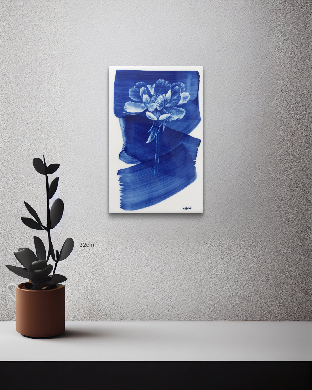 Flowing Peonies II size reference 15x23cm - original Korean ceramic art by CHOI WONSUN