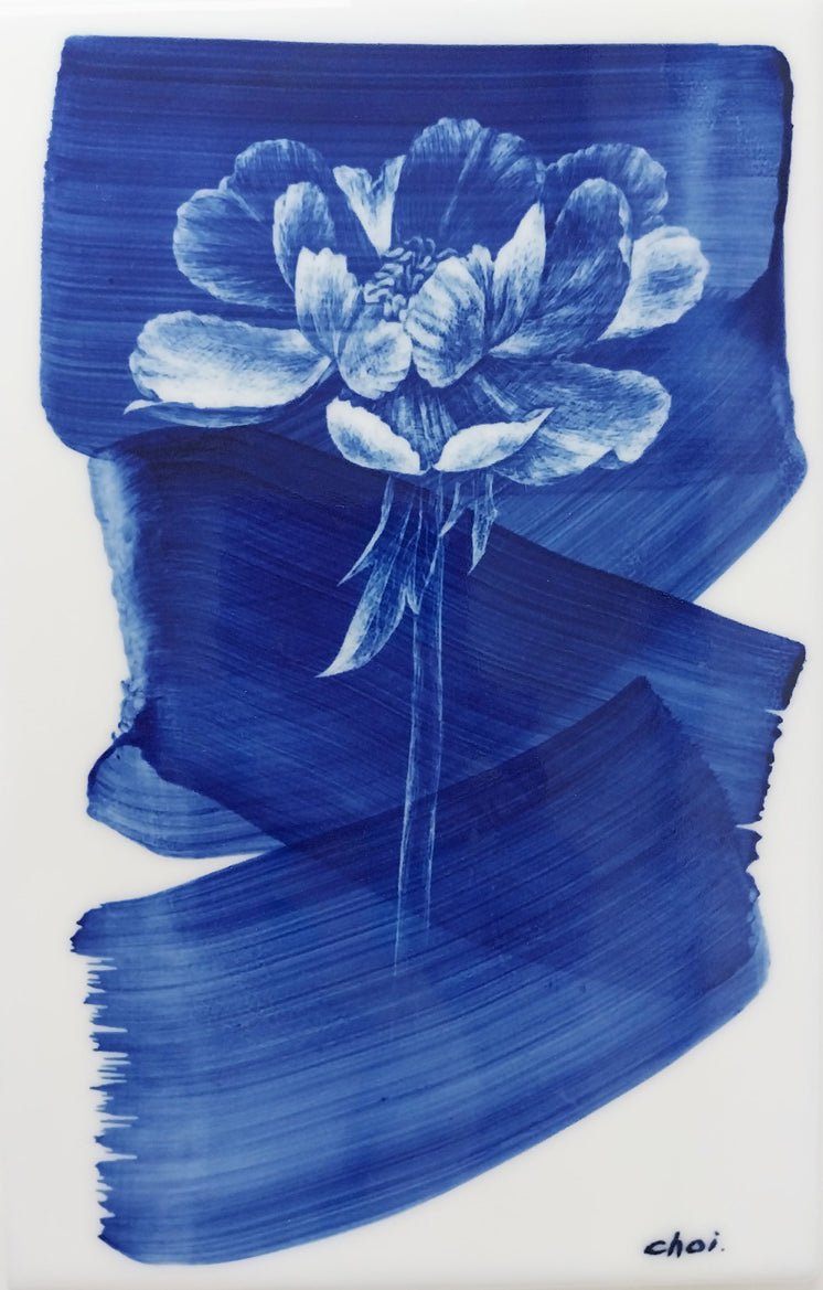 Flowing Peonies II - cobalt, celadon on ceramics 15x23cm by CHOI WONSUN, Korean Contemporary Art 2025