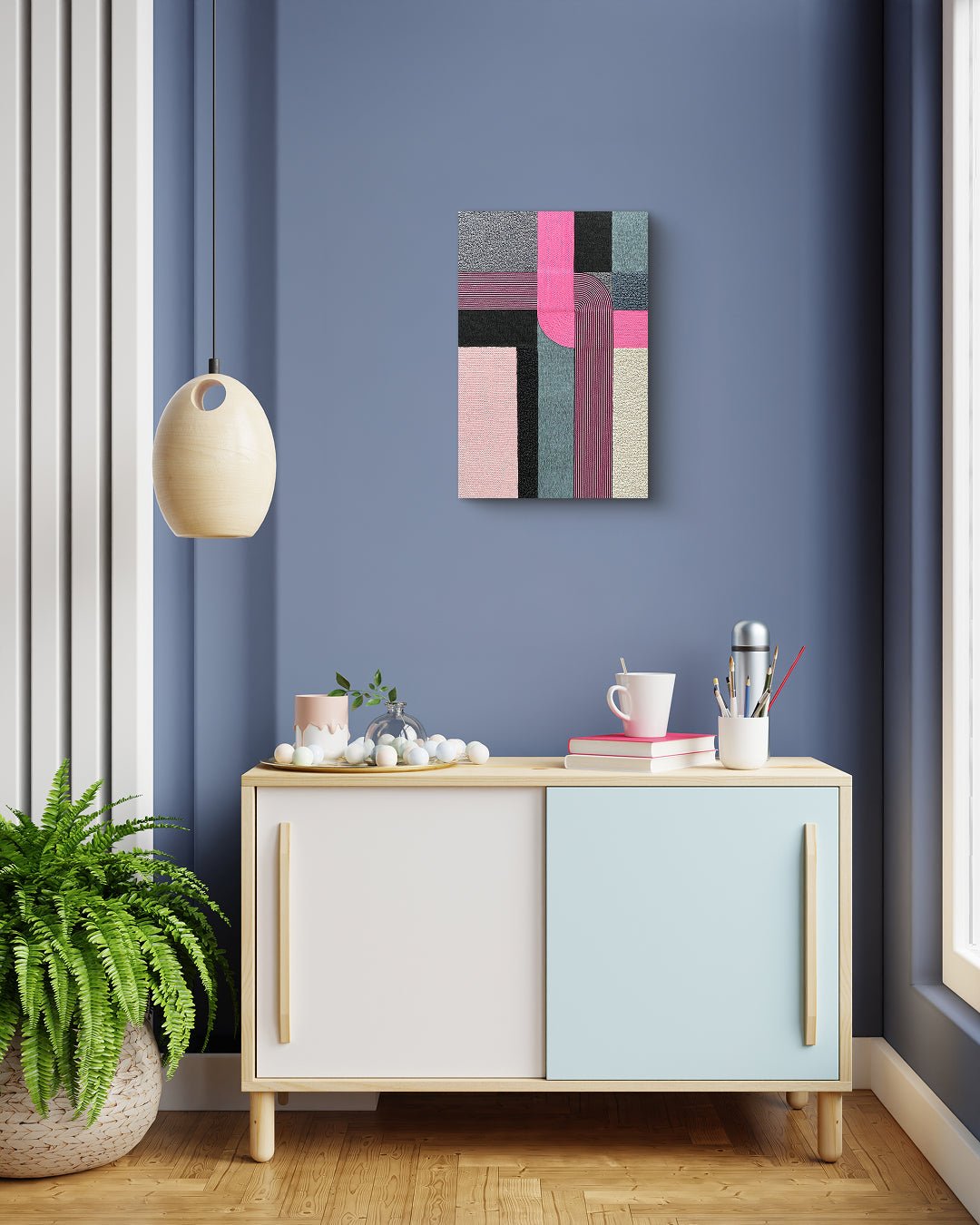 Gift 4 (Pink) by Lee Yu-mi (Haerang) displayed in modern living room, original Korean Hanji painting 2023