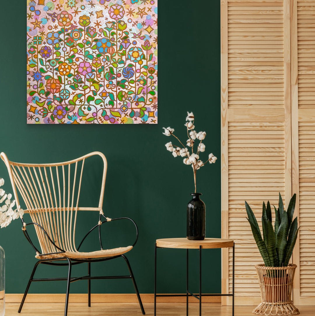 Humming garden 30-2 by Kim Young-jin displayed in modern living room, original Korean painting 2025