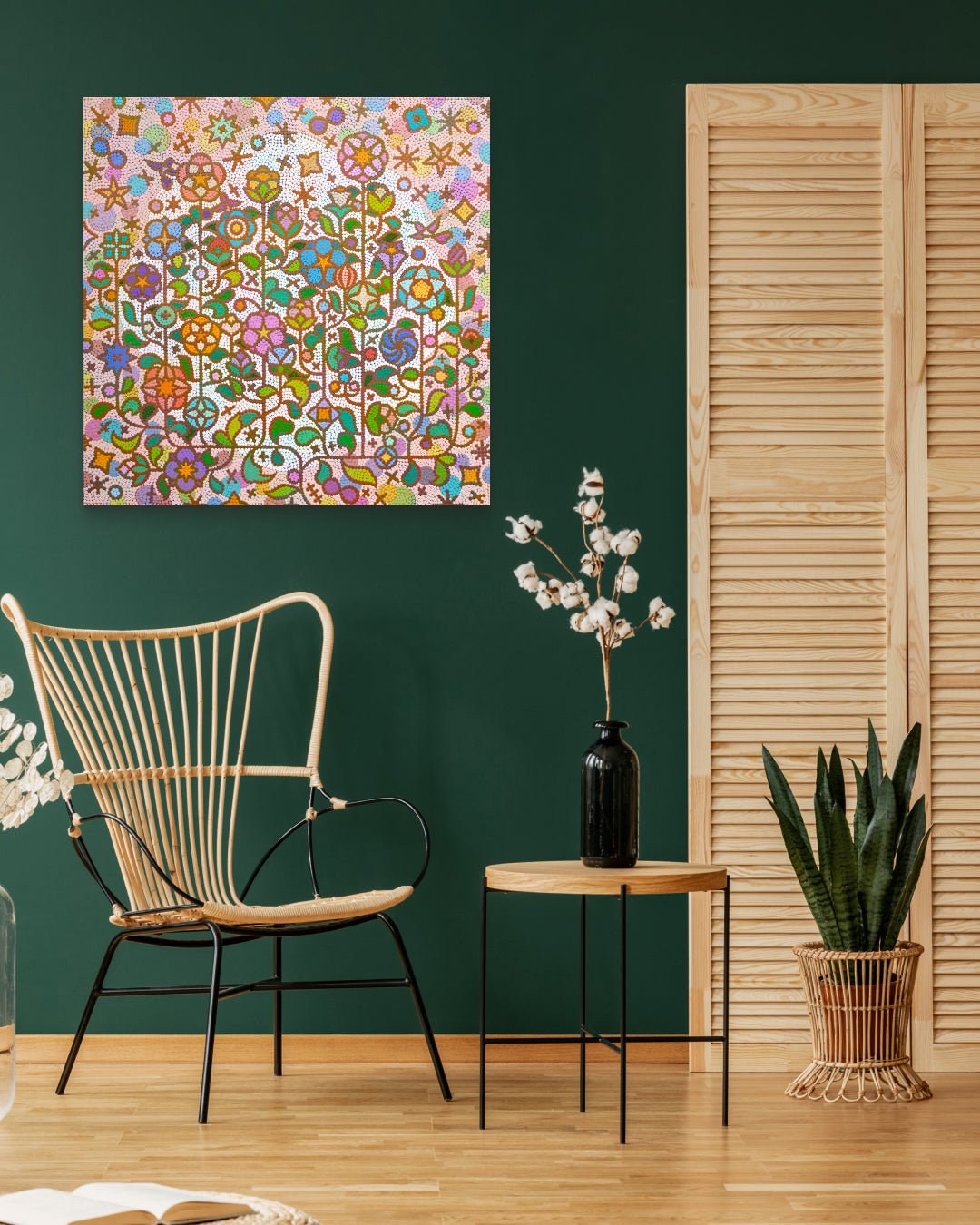 Humming garden 30-2 by Kim Young-jin displayed in modern living room, original Korean painting 2025