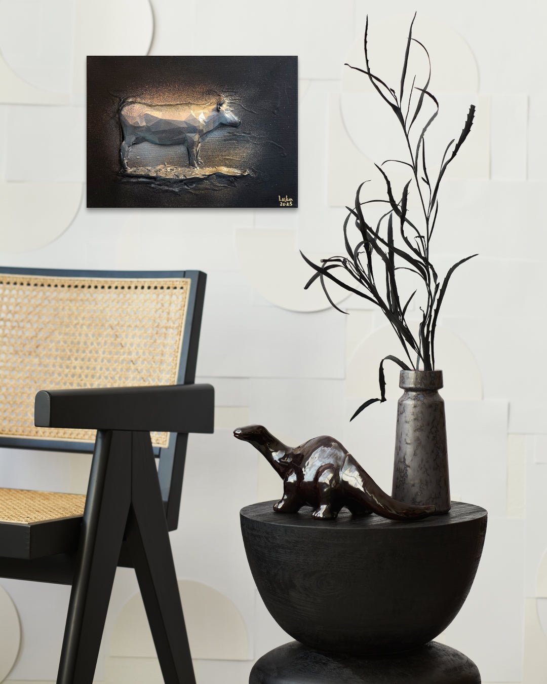 I am, Because For I am (Cow) by Luka Kim displayed in modern living room, original Korean painting 2025