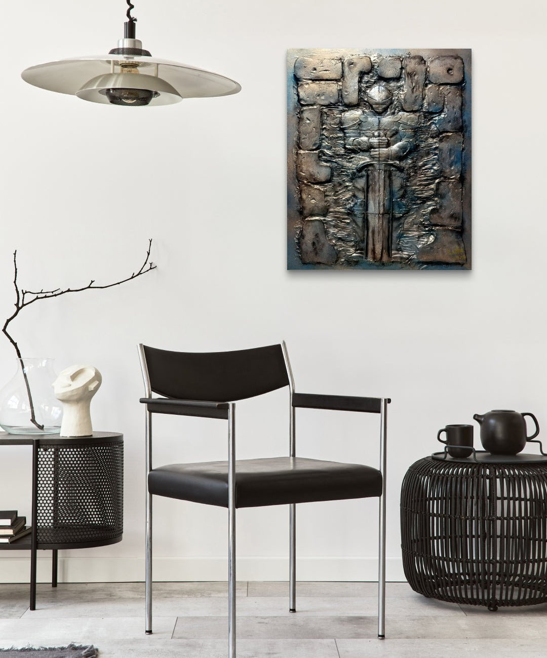 I am, Because Who I am (Knight) by Luka Kim displayed in modern living room, original Korean painting 2024