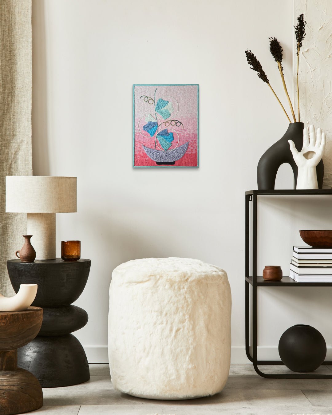 Imaginary Flower 003 (pink) by Lee Yu-mi (Haerang) displayed in modern living room, original Korean Hanji painting 2025