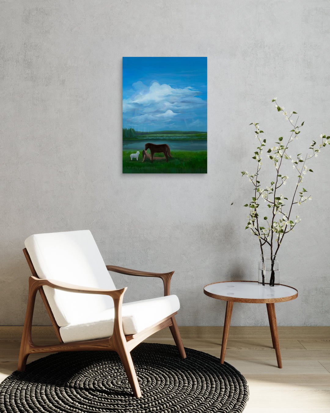 Imagined Gaze by Sijin Lee displayed in modern living room, original Korean painting 2025