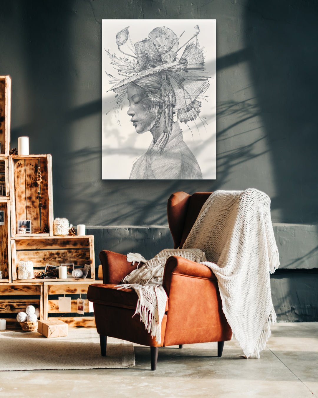 INSTG Series#D2554 by Lee.K displayed in modern living room, original Korean graphite drawing 2025