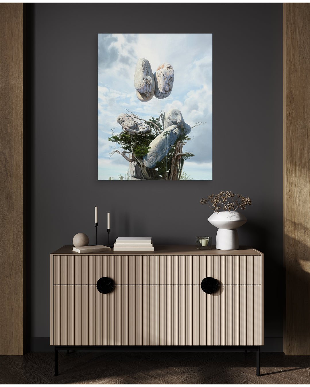 Kiss by Park Jung Yong displayed in modern living room, original Korean painting 2023