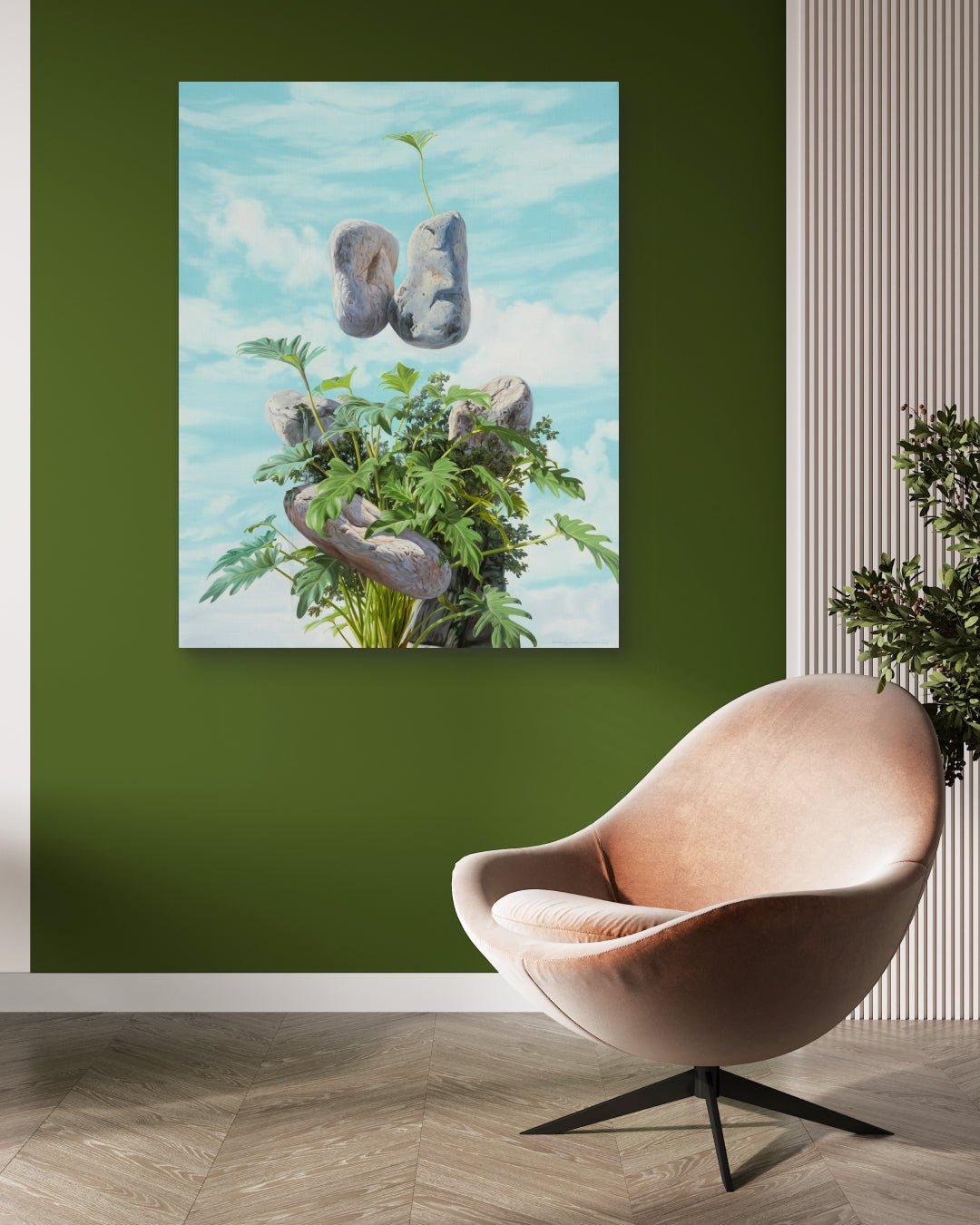 Kiss by Park Jung Yong displayed in modern living room, original Korean painting 2023