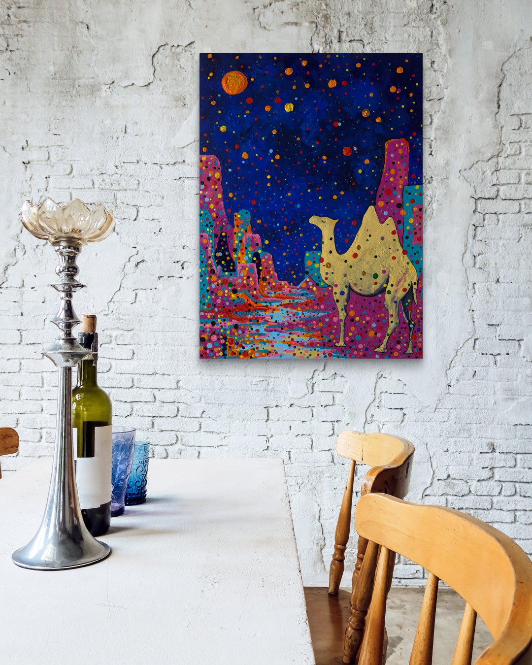 korean art, Making a Wish - DOKHBI ARTWORKS Mixed Media Painting ARTWORKS dokkaebi dokebi k - art Making a Wish by Yun Song - A displayed in modern living room, original Korean mixed media painting 2024 DOKHBI