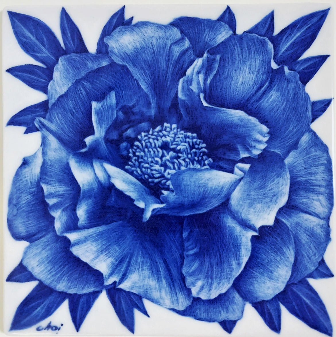 Peonies II - cobalt, celadon on ceramics 16x16cm by CHOI WONSUN, Korean Contemporary Art 2024