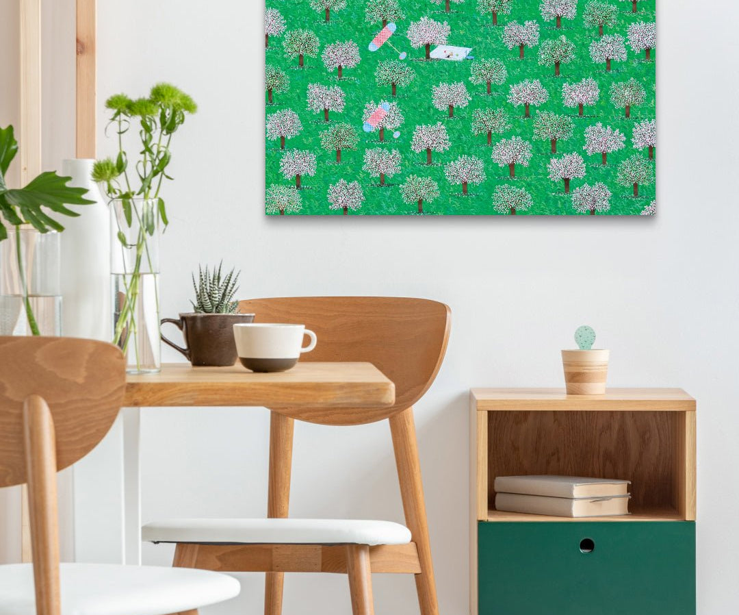 korean art, Picnic - DOKHBI ARTWORKS Painting Shim Bong Min ARTWORKS dokkaebi dokebi k - art Picnic by Shim Bong Min displayed in modern living room, original Korean painting 2024 DOKHBI