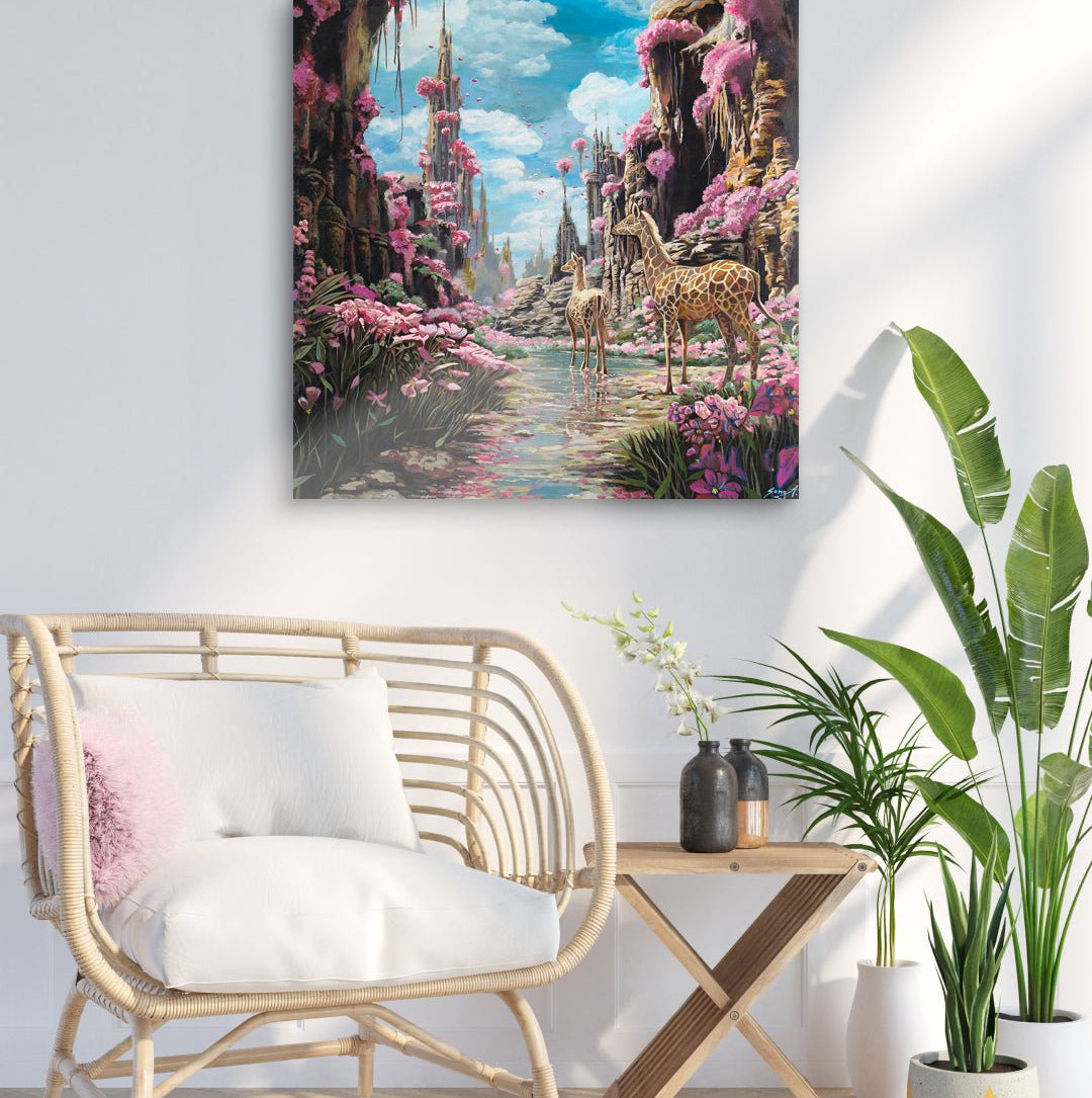 korean art, Pinky dream of giraffes - DOKHBI ARTWORKS Painting Yun Song - A ARTWORKS dokkaebi dokebi k - art Pinky dream of giraffes by Yun Song - A displayed in modern living room, original Korean painting 2024 DOKHBI