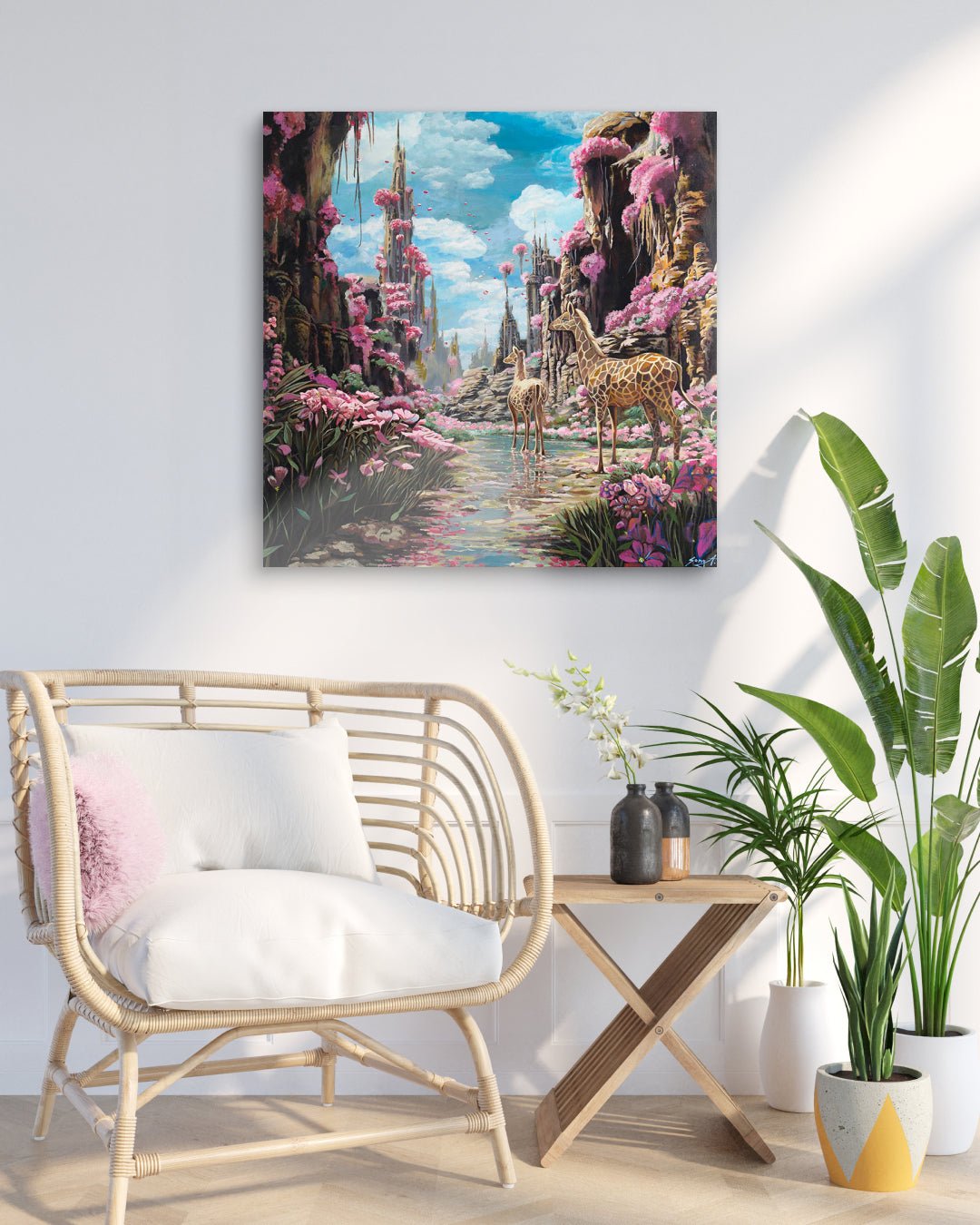 korean art, Pinky dream of giraffes - DOKHBI ARTWORKS Painting Yun Song - A ARTWORKS dokkaebi dokebi k - art Pinky dream of giraffes by Yun Song - A displayed in modern living room, original Korean painting 2024 DOKHBI